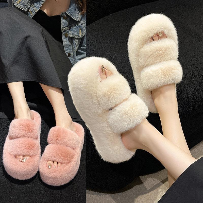 Cm Thick Bottom Fluffy Slippers Women's Muffin Bottom Large Size Parallel Bars Thickened Plush Flat Bottom One Word Warm Cotton Mop