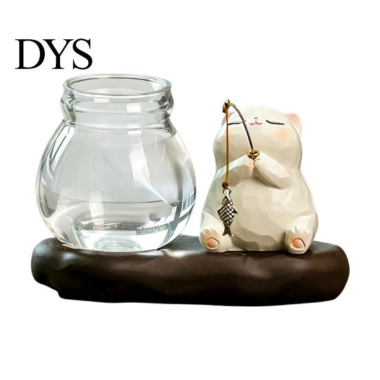 Modern Desktop Plant Holder Leisure Fishing Frog/Cat/Panda/Bear Statue Ornaments, Clear Mini Vases Miniature Cute Animal Ornaments Figurines