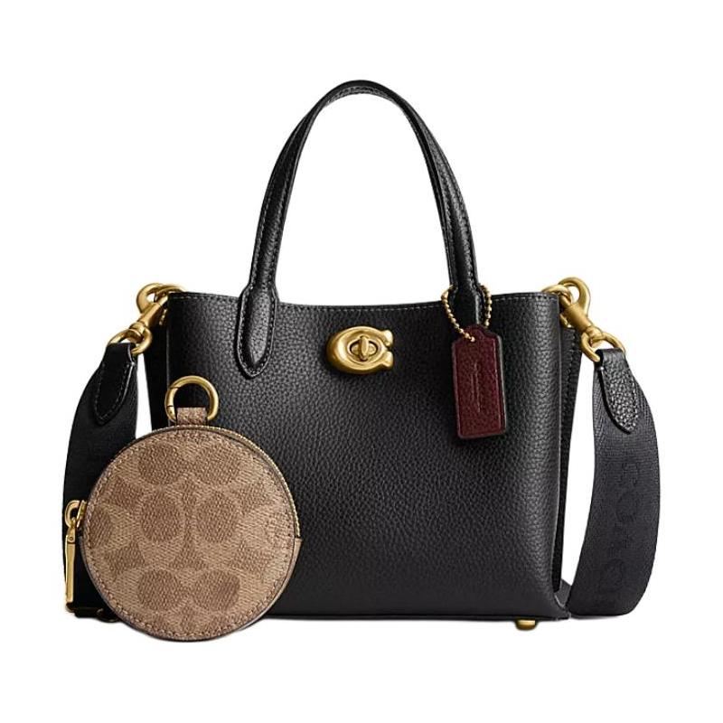 

COACH Willow 18 Logo Removable Shoulder Strap Pebbled Leather Tote Bag Shopping Bag Shoulder Crossbody Handbag Small Women Black чорний