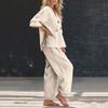 Ensemble Deux Pièces Femme Coupe Ample Haut à Boutons Col en V et Pantalon Large Tenue Décontractée Tissu Léger Costume pour un Usage Quotidien