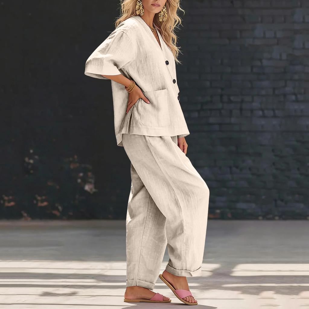 Ensemble Deux Pièces Femme Coupe Ample Haut à Boutons Col en V et Pantalon Large Tenue Décontractée Tissu Léger Costume pour un Usage Quotidien