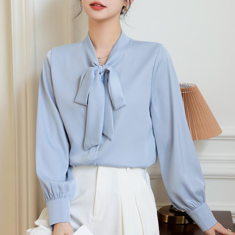 Mode Fliege Kragen Langarm Freizeit Hemd Damen Elegant Uni Schlicht Damen Blusen und Oberteile Vintage Slim Fit Weiße Bluse Damenbekleidung 25852