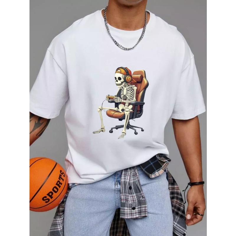 White T-Shirt Skeleton Gamer with Headphones and Chair Gaming Design for Casual Wear