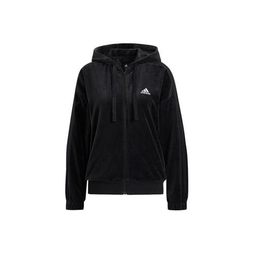 adidas Velour Jkt Long-Sleeve Hooded Zip-Up Jacket Plush Coat Women s Black XL