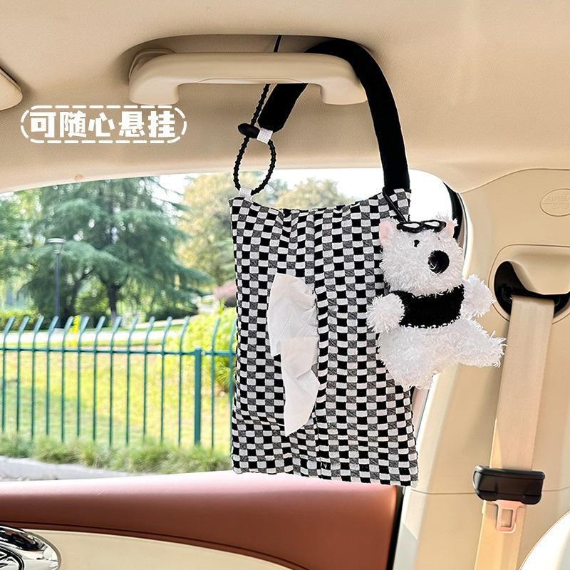 Cute Cartoon Checkerboard Backseat Hanging Car Tissue Box Creative Auto Decoration