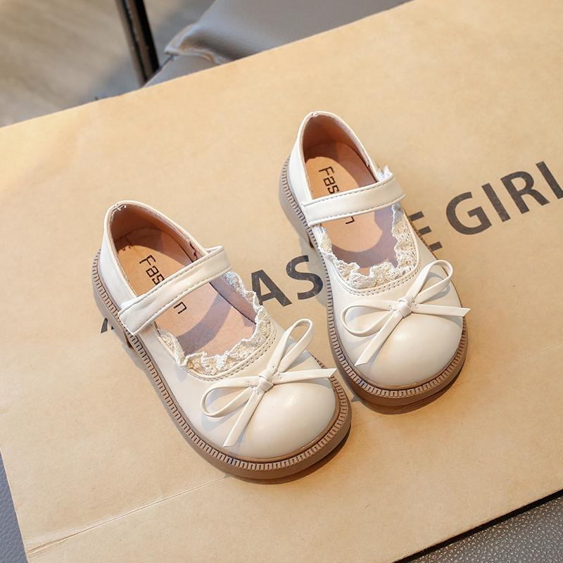 Girls Flat Shoes Round Toes Soft Sole Kids Princess Shoes Lace Simple Bow 2025 Spring Autumn Girls Leather Shoes Non-slip Ins