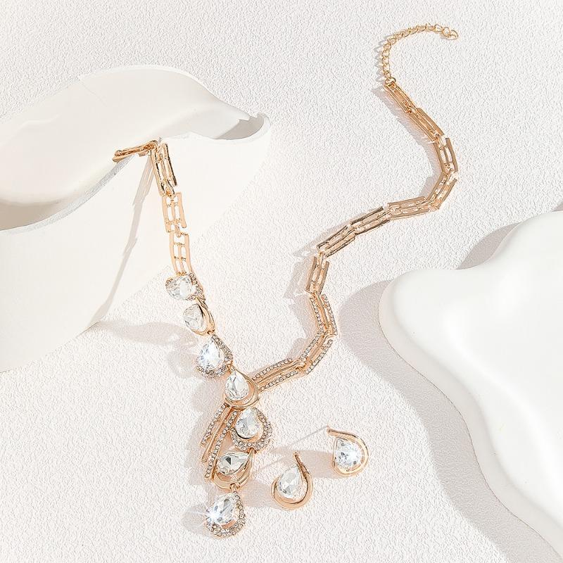 Gold Jewelry Set White Rhinestone Crystal Necklace Earrings Set Women's Jewelry