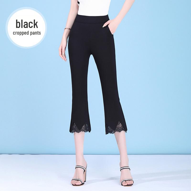 Women's High Waist Lace Flare Pants - White, Elastic, Plus Size, Slimming, Casual, Thin, Seven-Point Length, Summer Style