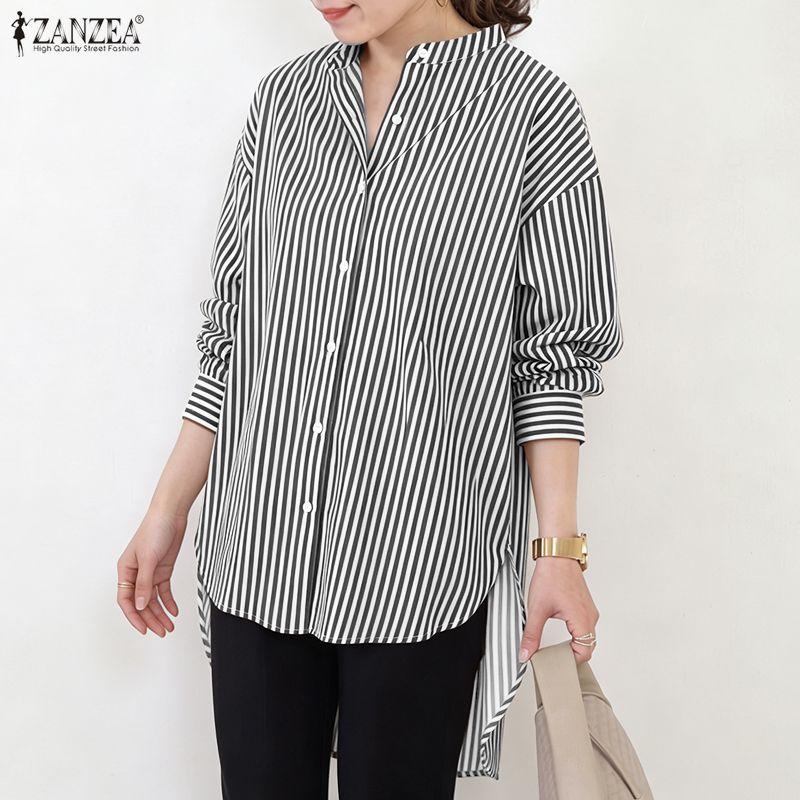 ZANZEA Camicetta Casual da Donna a Maniche Lunghe a Righe, Collo Alto, Vestibilità Larga