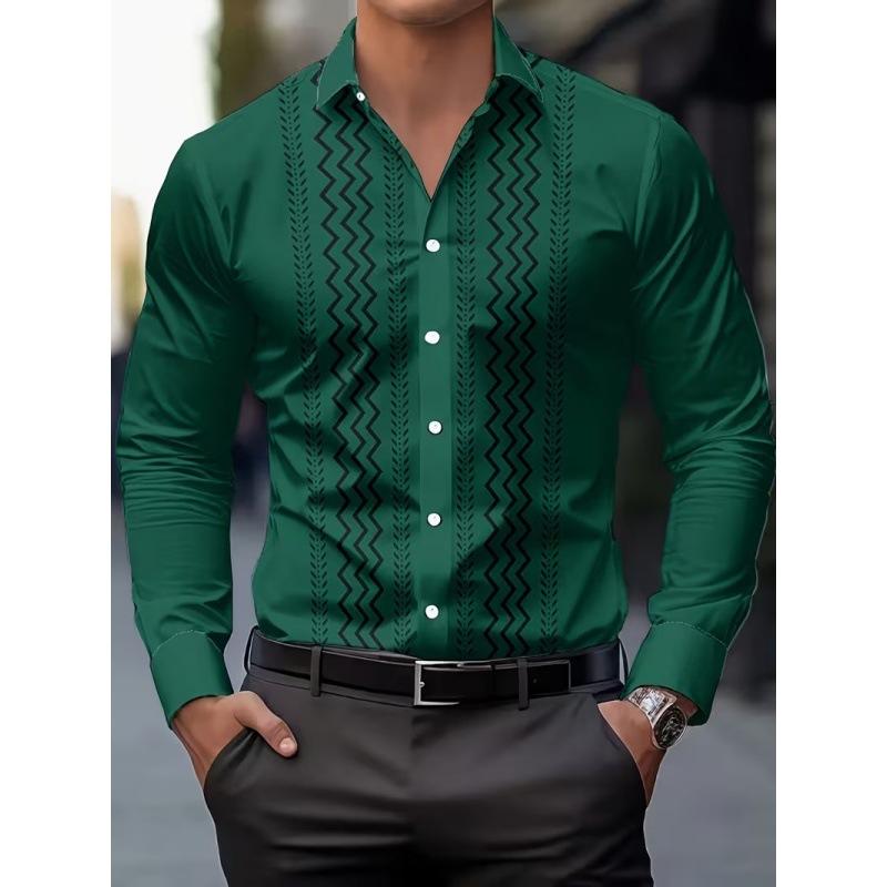 2026 Men Slim Fit Long Sleeve Geometric Line Print Dress Shirt Formal Business Casual Button Down Office Top Camisa Masculina