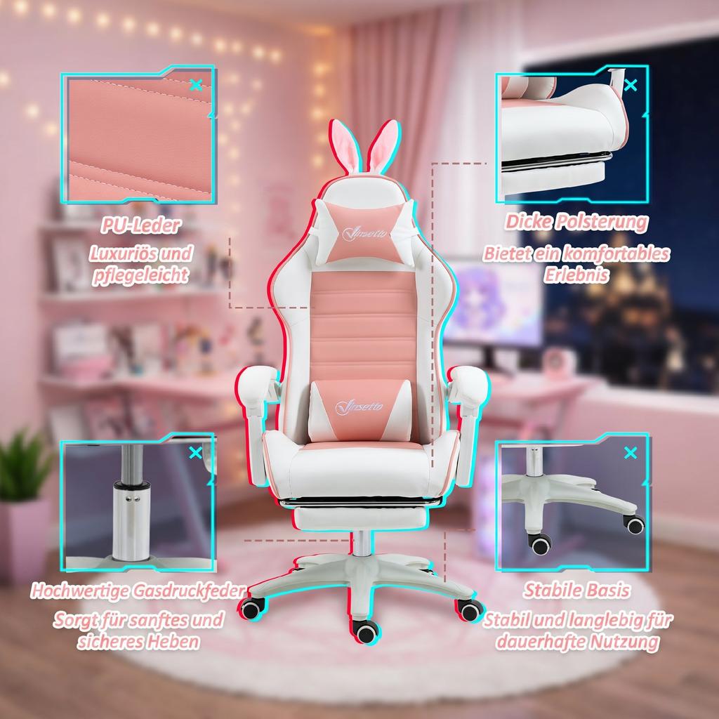 Gaming Chair, Ergonomic Gamer Chair with Lumbar Support, Footrest, Bunny Ears Headrest Pillow, Pink