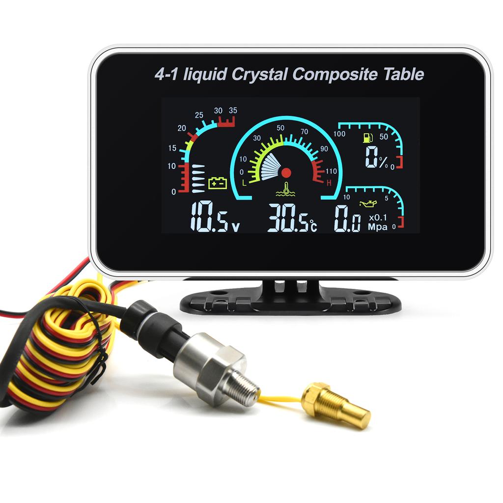 12V-24V LCD Digital Car Gauge Muti-functional 2/3/4 IN 1 Water Temp Meter Voltmeter Oil Pressure Fuel Level Gauges Sensor 1/8npt