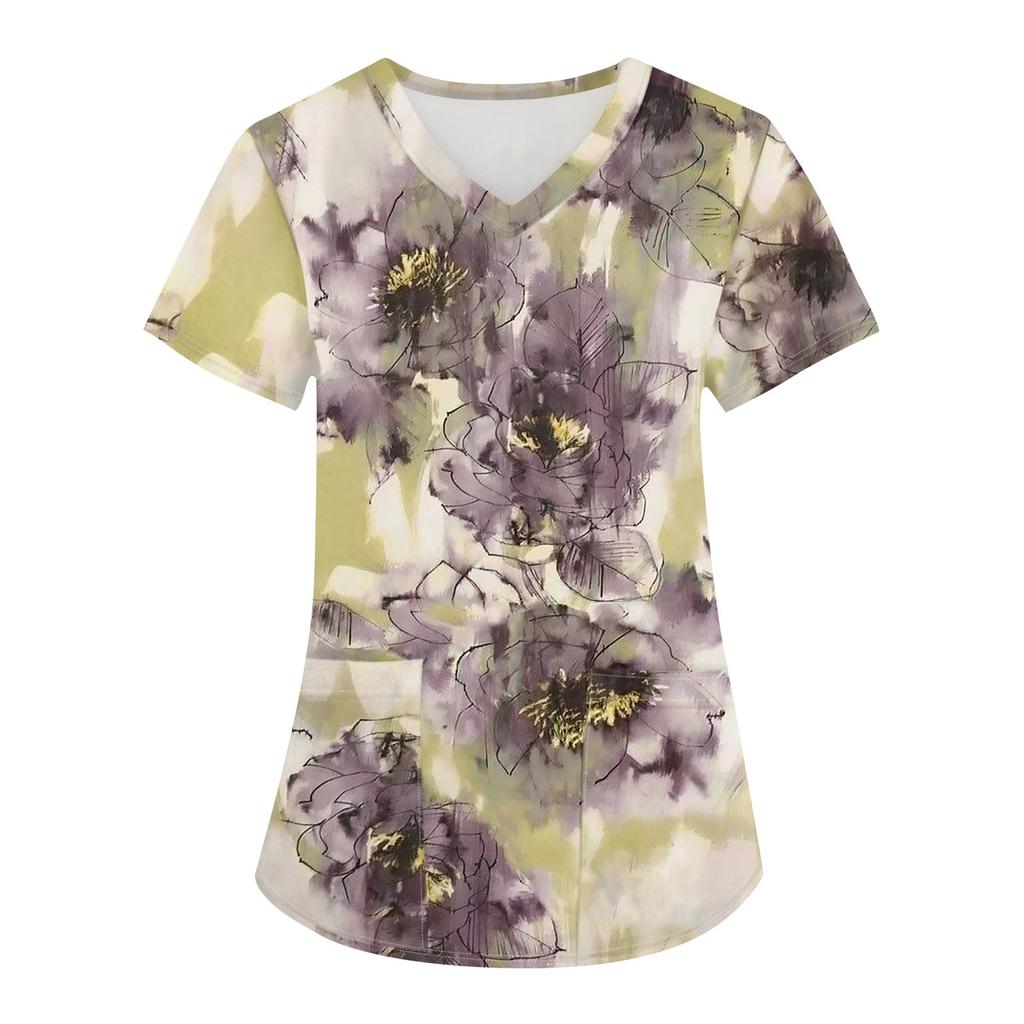 T-shirt de travail à manches courtes et col en V pour femme avec imprimé tendance et petite poche