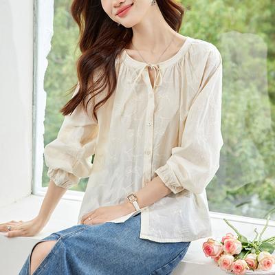 Spring New Cotton Cotton Embroidered V-neck Shirt Femininity Lace-up Collar Top