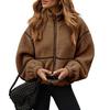 Women Autumn Winter Color‑Block Fleece Jacket, Zip‑Up Stand Collar Warm Teddy Coat Long‑Sleeve Casual Plush Outerwear