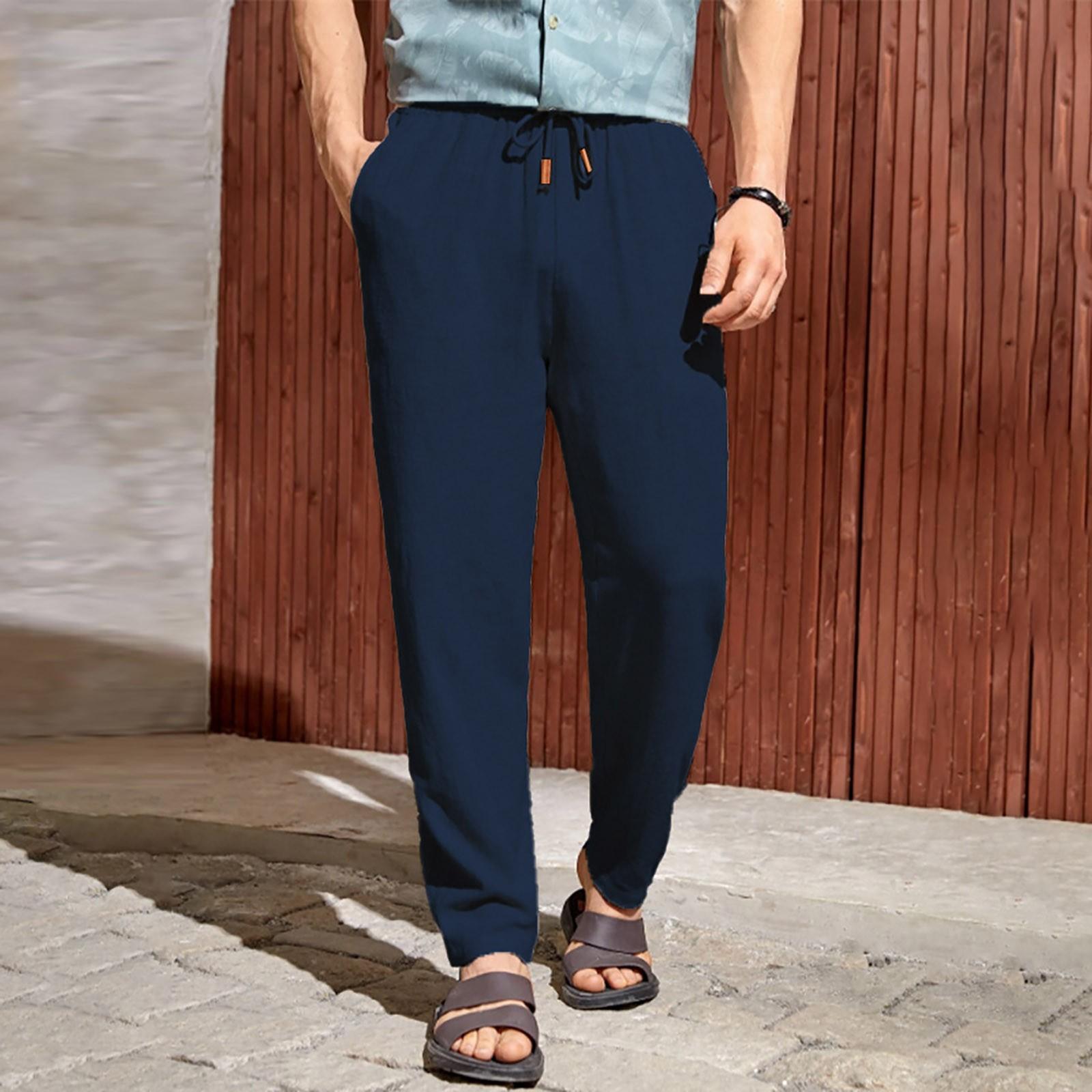 

Новые европейские и американские мужские повседневные брюки из хлопка и льна с завязками XXXXL темно-синий