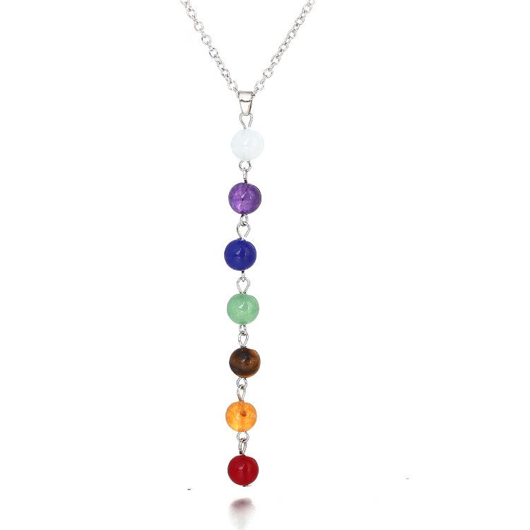 Seven-Color Stone Bead Pendant Yoga Mala Necklace with Charm