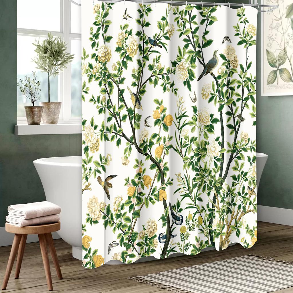 Floral and Bird Pattern Bathing Curtain  Bathroom Letters Shower Curtain Waterproof With 12 Hooks Fishes Home Deco Free Ship