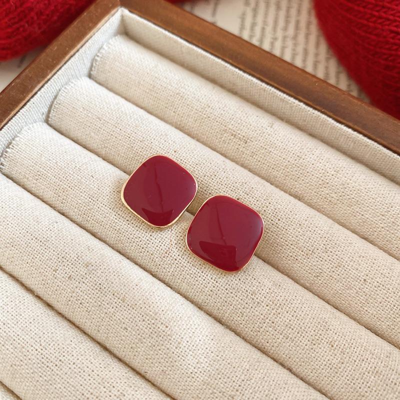 Silver Needle New Year's Red Zircon Geometric Earrings Retro Fashion Temperament Versatile Earrings Light Luxury Premium Earrings Women