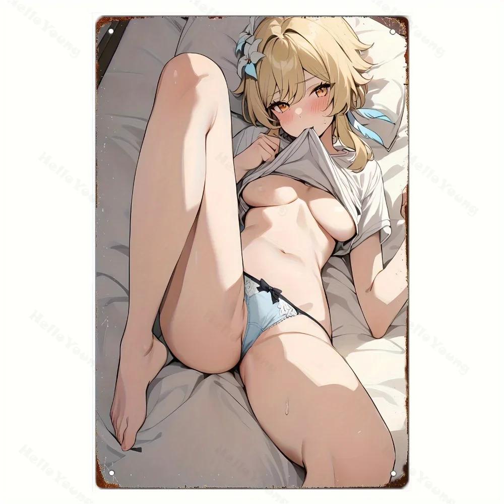 Metal Wall Art Poster of Anime Beauty, Aluminum-Made and Durable.Ideal Vintage Decor for Home, Bar, with Pre-Drilled Hanging Aid