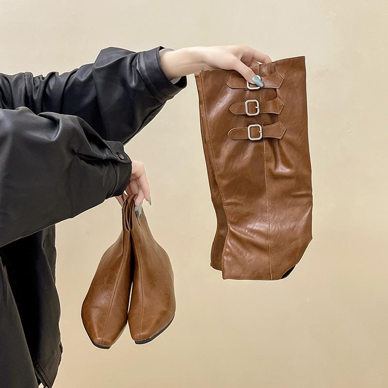 Korean version of the inner height-increasing sleeve leather boots removable trousers boots autumn and winter fashion two wear square head women