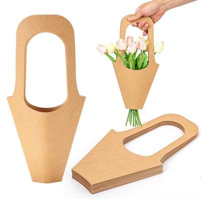 Kraft Paper Flower Gift Bags with Handle Cone Shaped Bouquet Basket for Wedding Birthday Valentines Day Shop Wrapping Supplies