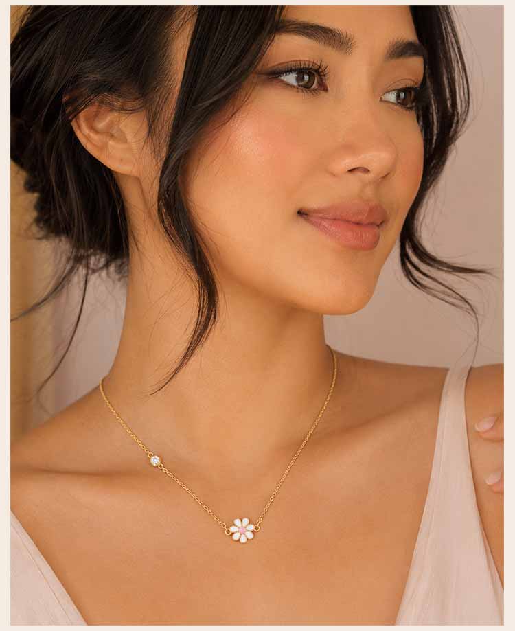 Enamel Daisy Flower Necklace,Stainless Steel Thin Link Bezel CZ Chain,Waterproof Tarnish Free Gift for Women