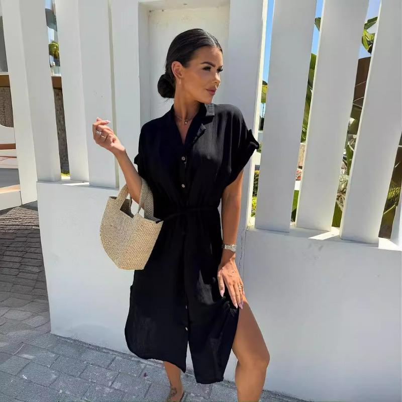 

Летнее однобортное платье свободного кроя с короткими рукавами и лацканами для женщин XL