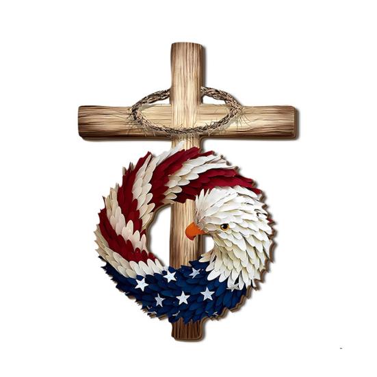 Patriotic Wooden Hanging Plaque  4th of July Decor with Bald Eagle & Stars Design B