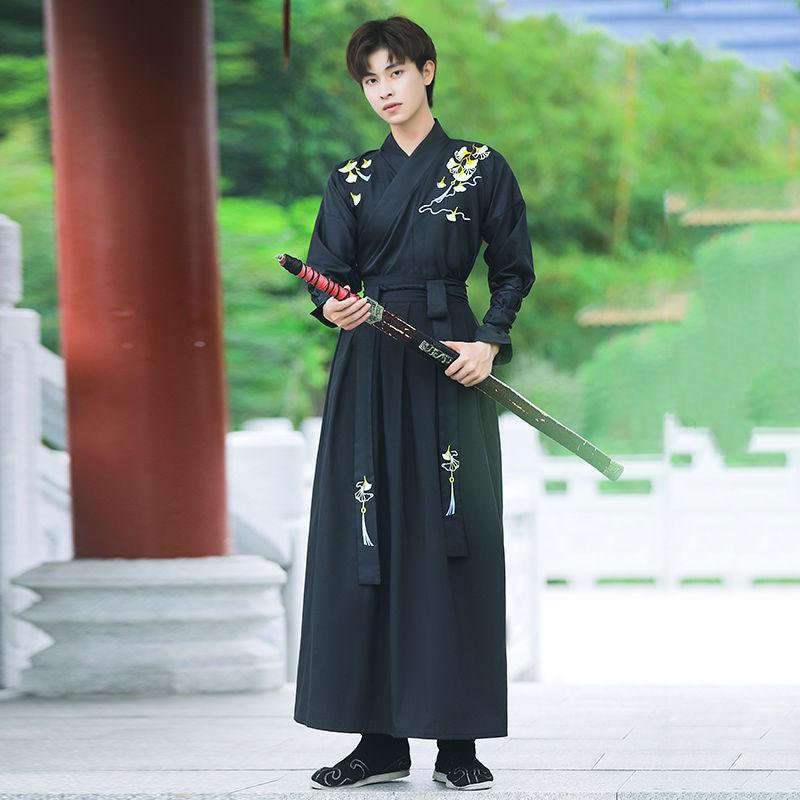 

Большой размер 4XL мужской костюм для косплея Hanfu, традиционная китайская древняя ханьфу, черно-красная рубашка + юбка + куртка 4XL