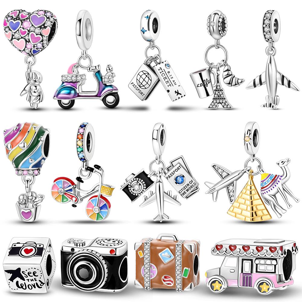 Silver Plated Charms For Bracelet Travel Luggage Airplane Beads Charms Fit Original Bangle Pendant Dangle Women Fine Jewelry