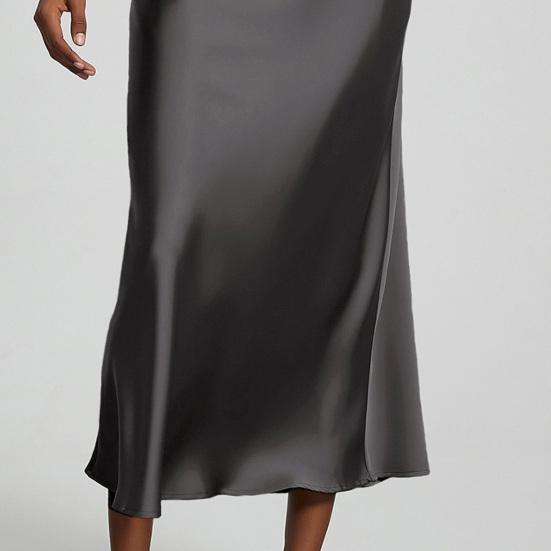 Women Midi Skirt Mid-rise A-Line Solid Color Fishtail Skirt Smooth Fabric Office Lady Skirt