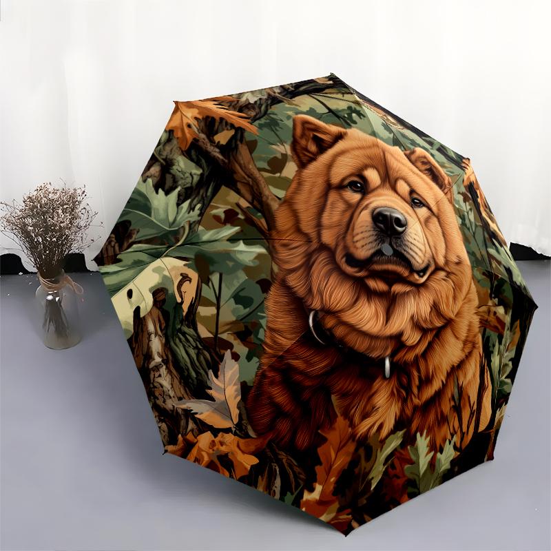 Chow Chow and Leaves Pattern, Automatic Folding Umbrella, Portable and Foldable Design, 8 Ribs, a Christmas or Birthday Gift.