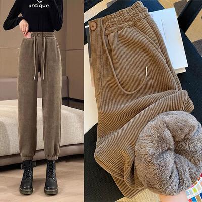 Women Corduroy Plus Velvet Harem Pants Autumn Winter High Waist Baggy Trousers Fleece Warm Lined Vintage Trousers