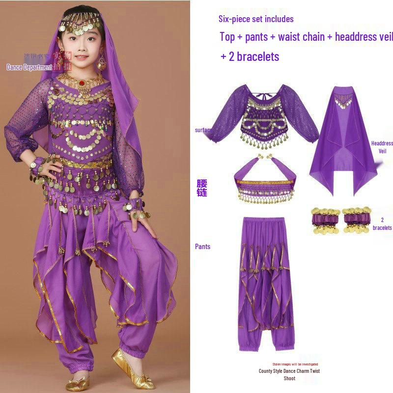 Costume da Danza Indiana per Bambini: Costume per Esibizione di Danza del Ventre e Minoranze dello Xinjiang per Bambina