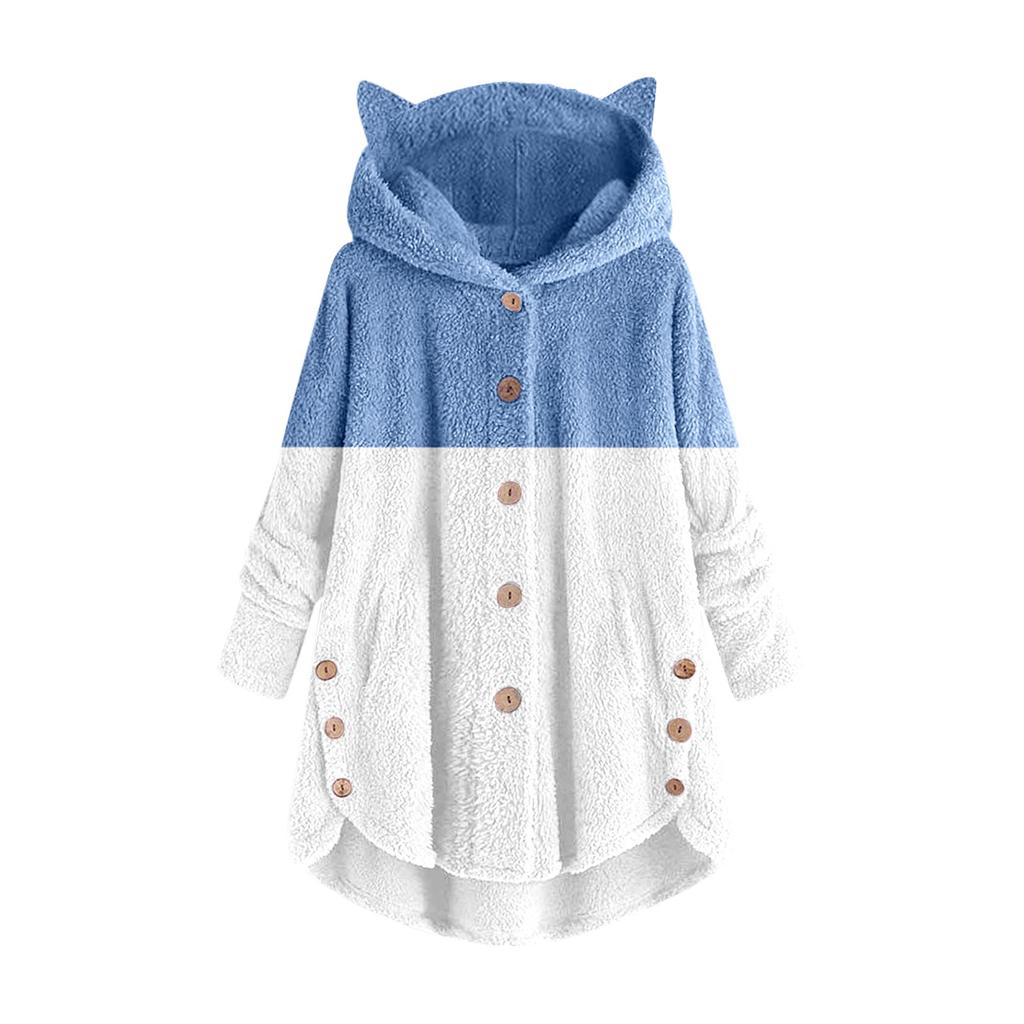 Women's Button Hooded With Pockets Cat Ears Plush Top Irregular Print Splicing Jacket