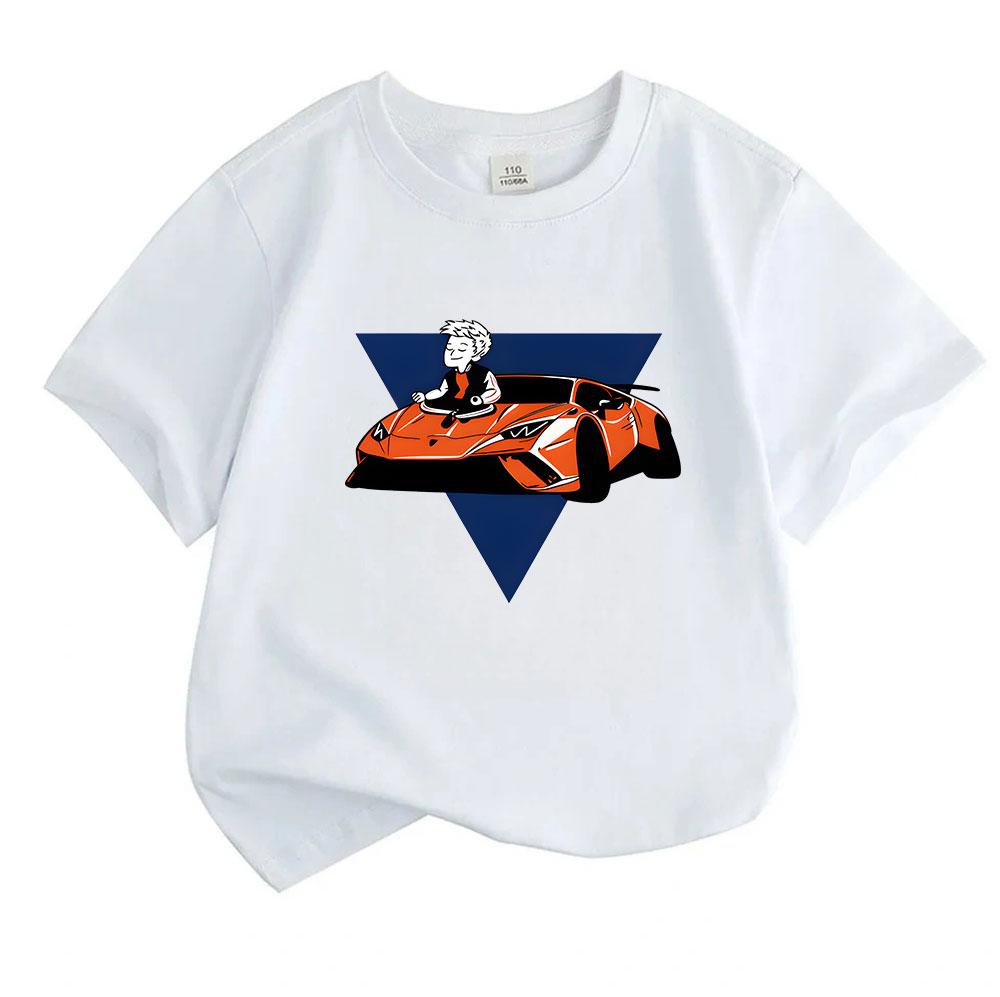 Kids Boys Girls Casual O-neck Short Sleeve Tshirt, 100% Cotton Cute Cartoon Driving Sports Car Print Summer Soft Breathable Tops for Children Daily We