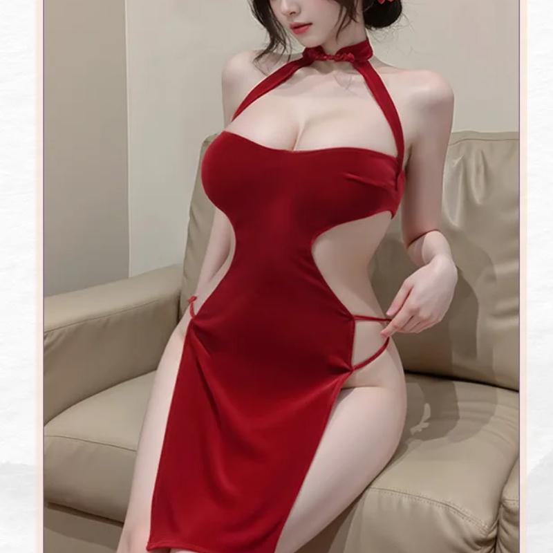 Retro Cheongsam Uniform High Slit Chinese Sexy Lace Qipao Lingerie Party Queen Erotic Costume Night Club Passion Wear Temptation