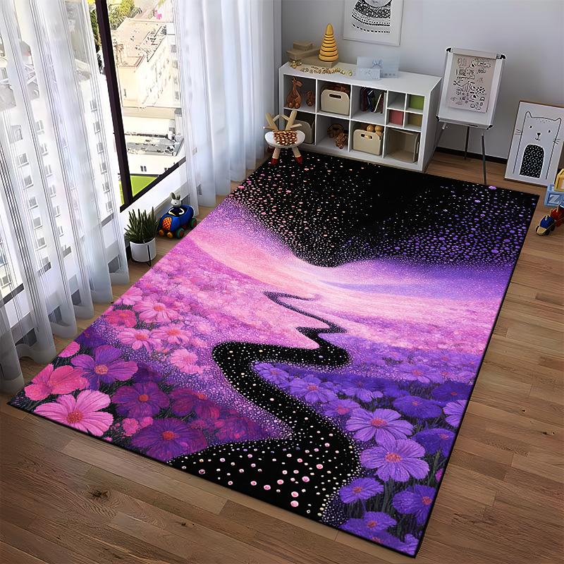 Colorful Purple Starry Night Sky and Floral Pathway Area Rug Suitable for use as an anti-slip for living room bedroom sofas