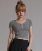 LIKE THE MOST Striped Henley Neck Half T-Shirt_Black