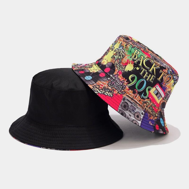 Europäischer und Amerikanischer Retro Klassiker 80er 90er Party Fischerhut Unisex Mode Graffiti Wendbarer Fischerhut
