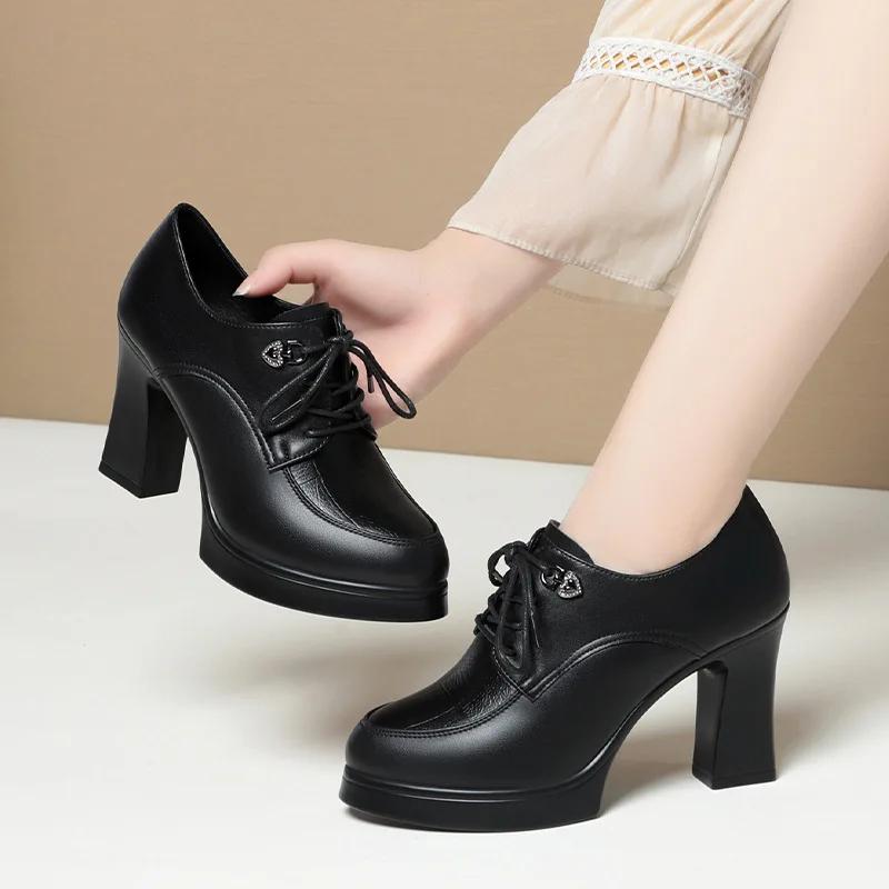 British Style Deep Mouth Soft Leather Oxford Shoes Women's Platform Pumps 2026 Spring Block High Heels Shoes for Office Mom