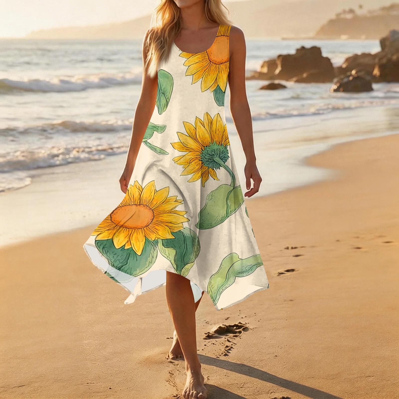 

Women Casual Sleeveless Dress Floral Print Round Neck Asymmetric Hem Mid Length Summer Dress Beach Cover Up S оранжевый