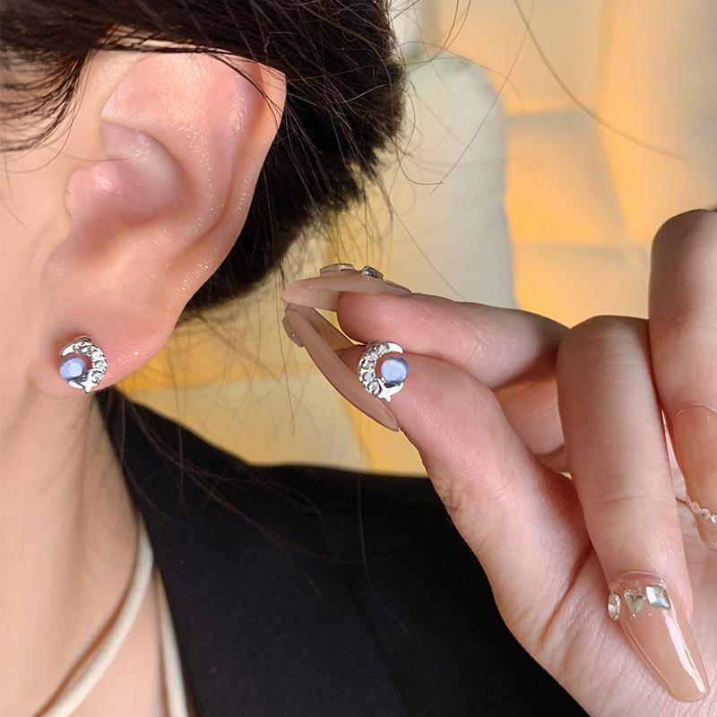 Silver Needle Blue Opal Moon Stud Earrings Female Unique