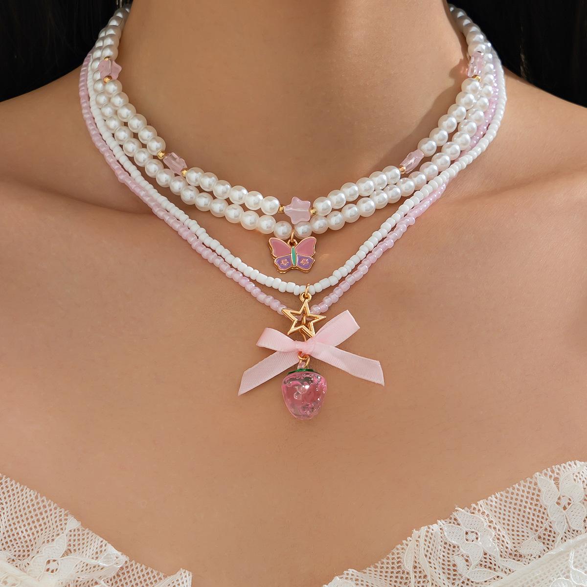 

Сладкая клубника кулон ключица цепь ожерелье ювелирные изделия вечеринка подарок лето 2025 милые жемчужные бусины многослойные сплава ожерелья для женщин