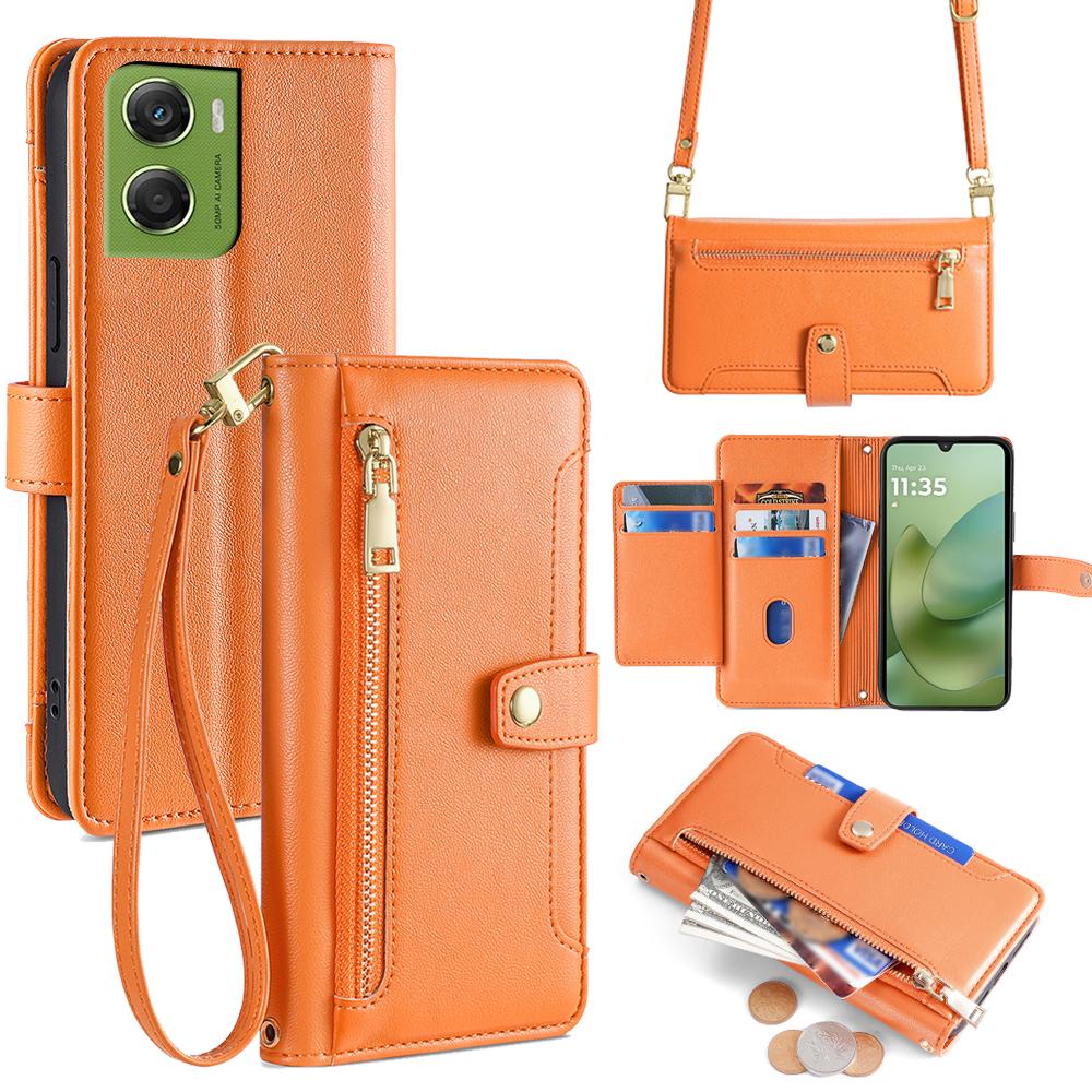 For Motorola Moto G06 4G Leather Case Zipper Pocket Wallet Phone Cover with 2 Straps