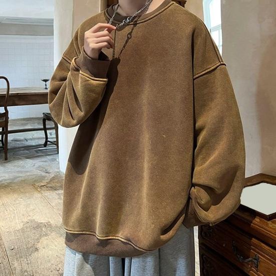 Hommes Automne Hiver Sweat O Cou Vintage Lâche Couleur Unie Chaud Pull Mi Long Streetwear Pull Occasionnel Épais Chaud Hommes Printemps Haut