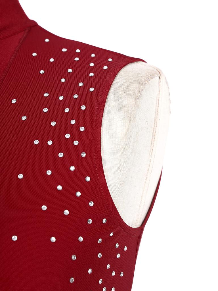 Womens Shiny Rhinestone Lyrical Dance Dress Mock Neck Sleeveless Open Back Twist Front Sheer Mesh Overlay Leotard