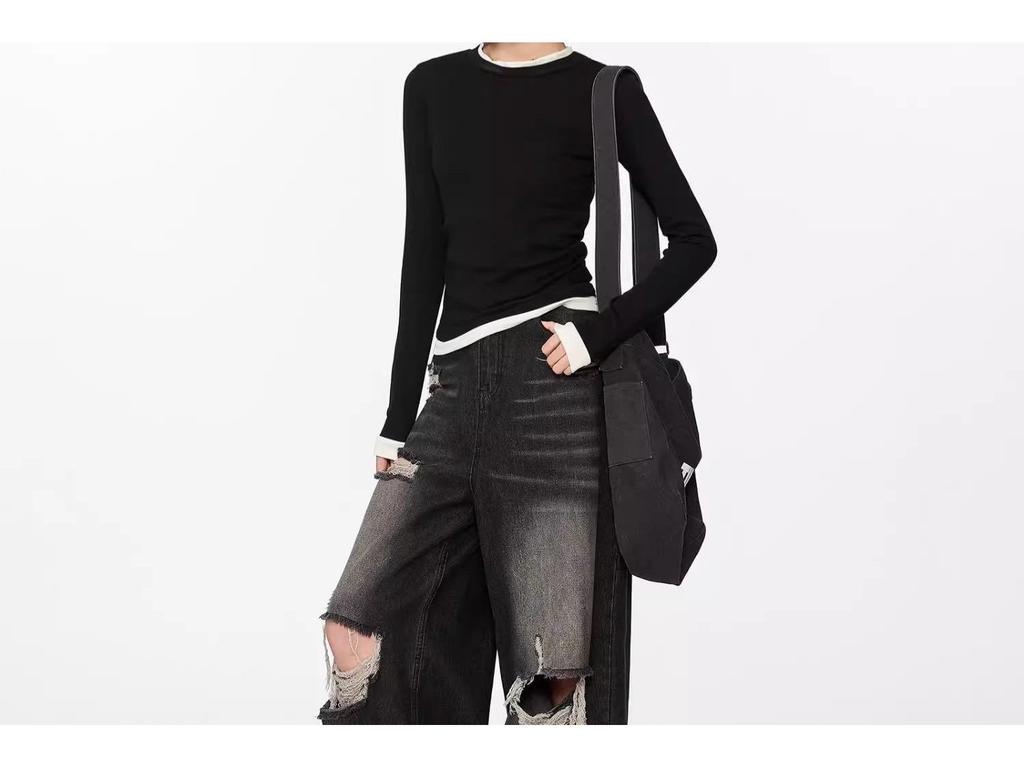 Black Faux Two-Piece Long-Sleeve T-Shirt - 2024 Spring/Autumn Pleated Color Block Slimming Fashion Top