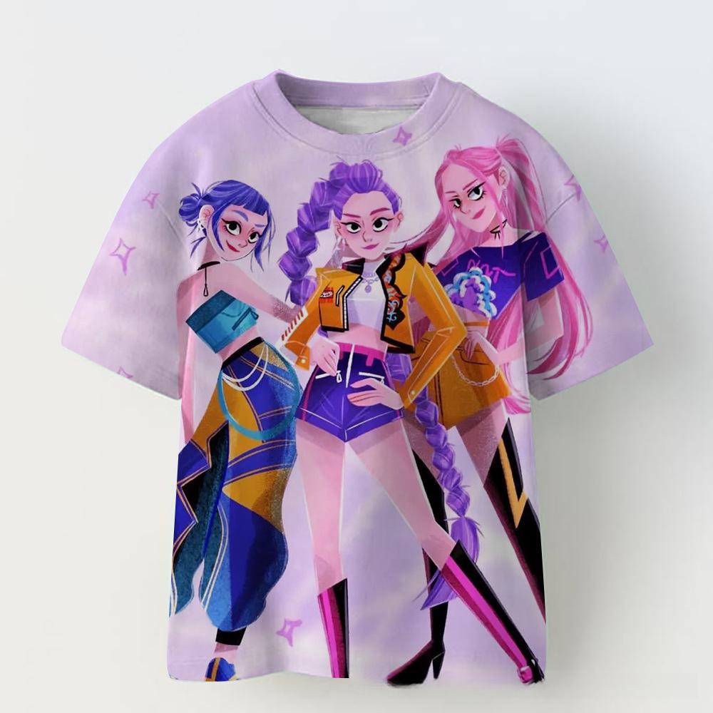 KPOP Demon Slayer Collaboration 3D Digital Print Girls' Casual Comfortable Short Sleeve T-Shirt Children's Clothing
